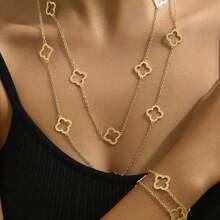 2pcs Hollow Four-Leaf Clover Pendant Long Necklace, Minimalist Versatile Sweater Chain & Bracelet Suitable For Women Everyday Wear