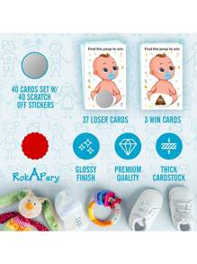 40 piezas - Juego de rascar 'Hacer caca' para baby shower de niño, juego divertido fácil de jugar, idea divertida, actividad para romper el hielo. Tarjetas de rifa, chupete azul - Multicolor - Ver 6