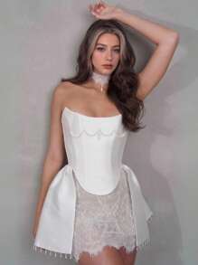 Mini Wedding Party Neck Faux Pearls Lace Satin Brides Prom Gown, Suitable For Cocktail,Graduation, Party Night,Birthday, Party Dress, Wedding Guest Dress - White - View 2