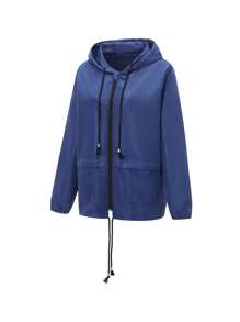 Women Packable Rain Jacket, Outdoor Hooded Windbreaker With Adjustable Drawstring - Cadet Blue - View 11
