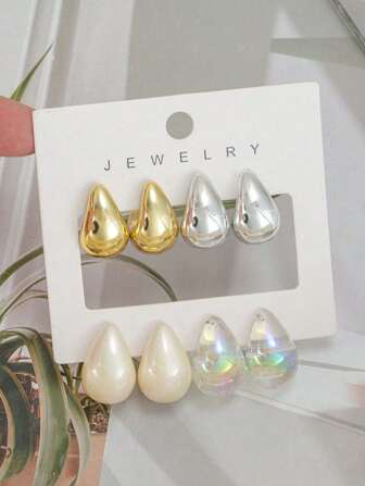 4/6/8/12 件时尚金属泪珠耳环套装，轻质 CCB 材质，女士