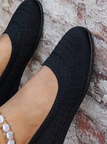 Round Toe Women Flat Shoes, Knitted Casual Ballet Flats, Breathable Summer Slip-On Loafers, Spring Comfy Versatile Flat Shoes, Bohemian Style In Black, White, Olive Green, Beige, Sky Blue, Light Blue, Khaki, Light Brown, Navy Blue, Yellow, Suitable For EU Large Size, Summer Lightweight Mesh Casual Walking Shoes, Solid Color Slouchy Shoes - Black - View 8