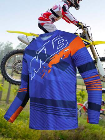 TELEYI 男式摩托车骑手印花骑行服，运动透气长袖 V 领骑行 T 恤，适合骑行运动