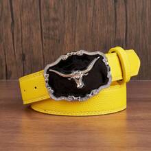 1 pieza Hebilla de metal con cabeza de toro vintage de moda negra para hombre, cinturón estampado en varios colores, accesorio versátil para vaqueros