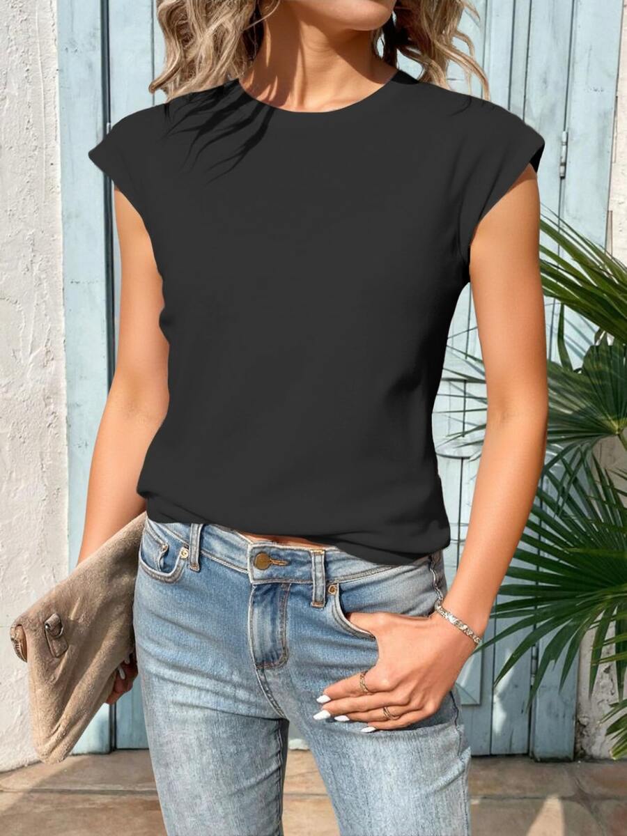 Kliou Blusa T-shirt feminina casual simples de gola redonda e sem  manga curta made in China