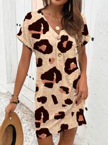 Casual Leopard Print V-Neck Button Decor Dress - Leopard - View 4
