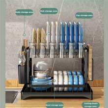 2-poziomowa duża suszarka do naczyń ze stali nierdzewnej z ociekaczem do blatu kuchennego - mieści talerze, noże, kubki i deski do krojenia, czarna, oszczędzająca miejsce konstrukcja do małych kuchni, organizer na blat kuchenny | Nowoczesne akcesoria kuchenne | Uchwyt o dużej pojemności, suszarka do naczyń do blatu kuchennego