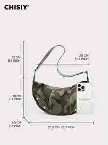 Handmade Katenzaro Camo Cherry Color Fabric Crescent Shoulder Bag, Minimalist Large Capacity Casual Work Tote Bag, Valentine's Gift Suitable For Office, College, Sport, Shopping, Travel, Autumn/Winter - 軍綠色 - 查看 7