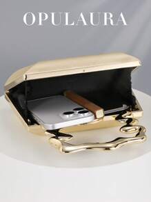 OpulAura Women Fashion Metallic Shiny Cuff Bracelet Clutch Bag, Minimalist Box-Shaped Leather Evening Party Purse, Sophisticated, Elegant, And Refined For Themed Parties, Birthday Gatherings, Back To School Events, Prom Bag For Party, Clutch Bag For Wedding - Gold - View 6