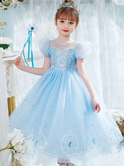 New Dance Party Children's Dress, 5-9 Years Old, Blue Girls' Princess Dress, Fairy Tale Frozen Princess Dress, Princess Style Tulle Dress, Puff Sleeve Sequin Puffy Dress, Wedding Flower Girl Children's Dreamy Princess Outfit