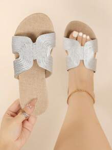 宽版 Mosoct 女士简约镂空露趾拖鞋，度假纯色户外平底凉鞋 - 銀色 - 查看 3