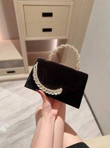 1pc Glamorous Sparkling Rhinestone & Feather Decor Flap Clutch Bag, Luxurious Diamond Evening Handbag For Formal Party/Wedding, Vintage Velvet Mini Clutch For Elegant Occasions, Perfect Gift Idea - Black - View 3