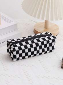 Checkered Knitted Fabric Corduroy Makeup Bag Cosmetic Bag Set For Women Checkered Travel Organizer Bathroom Toiletry Pouch Large Capacity Storage Bag