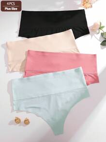 4pcs Plus Size Women Solid Mesh High Waist Soft Seamless High Elasticity Thong Panties, Ladies Underwear