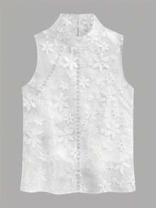 Women's Solid Color Embroidery Mock Neck Sleeveless Loose Lace Trim Blouse