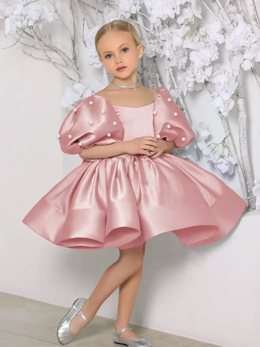 年轻女孩优雅公主薄纱连衣裙，带珍珠、泡泡袖和蝴蝶结，适合生日派对、婚礼、表演、花童、派对、节日庆典