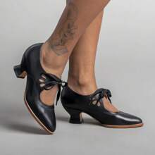 New Hollow High Heel Lace-Up Large Size Women's Pointed Toe Leather Shallow Casual Shoes - Dark Blue - View 4