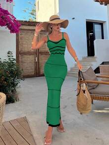 女士度假夏季海滩罩衫连衣裙 - 黑白条纹波浪编织肩带紧身针织长吊带连衣裙，优雅比基尼，轻盈毛衣 - 超长无袖方领毛衣连衣裙套装搭配针织细肩带鱼尾中长裙，适合女士，春夏秋冬 - 綠色 - 查看 7