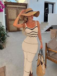 Vestido de playa de verano tipo cubrecosturas para vacaciones de mujer - Vestido de punto de tirantes con diseño de ondas a rayas en blanco y negro, elegante traje de baño, suéter ligero- Conjunto de vestidos maxi sin mangas de cuello cuadrado, combinados con vestido midi trenzado de tirantes tipo cola de pez, para primavera, verano, otoño e invierno - Caqui - Ver 7