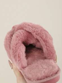 Women's Autumn/Winter Open Toe Cross Coral Fleece Slip-On Slippers, Simple Indoor & Outdoor Wear,Furry Shoes,Fluffy Slippers - Coral Pink - View 6