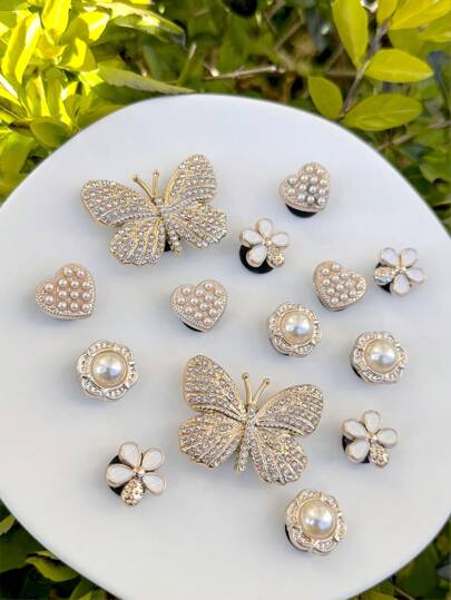 14pcs Stylish Rhinestone, Pearl, Flower Shoe Clips, DIY Decorations For Women Sandals/Slippers/Beach Bags, Multi-Functional Accessory - Perfect Gift For Holidays, Parties And Special Occasions