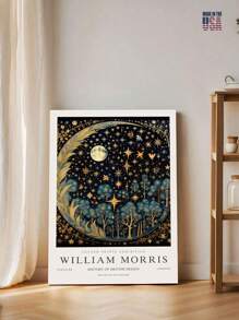 1PC Framed Canvas Wall Art Vintage Gold Moon & Stars Posters Prints, Retro Botanical Picture Wall Decor Painting For Bedroom Kitchen Living Room Office Home Decor,Stretched And Framed Ready To Hang - Grey - View 1