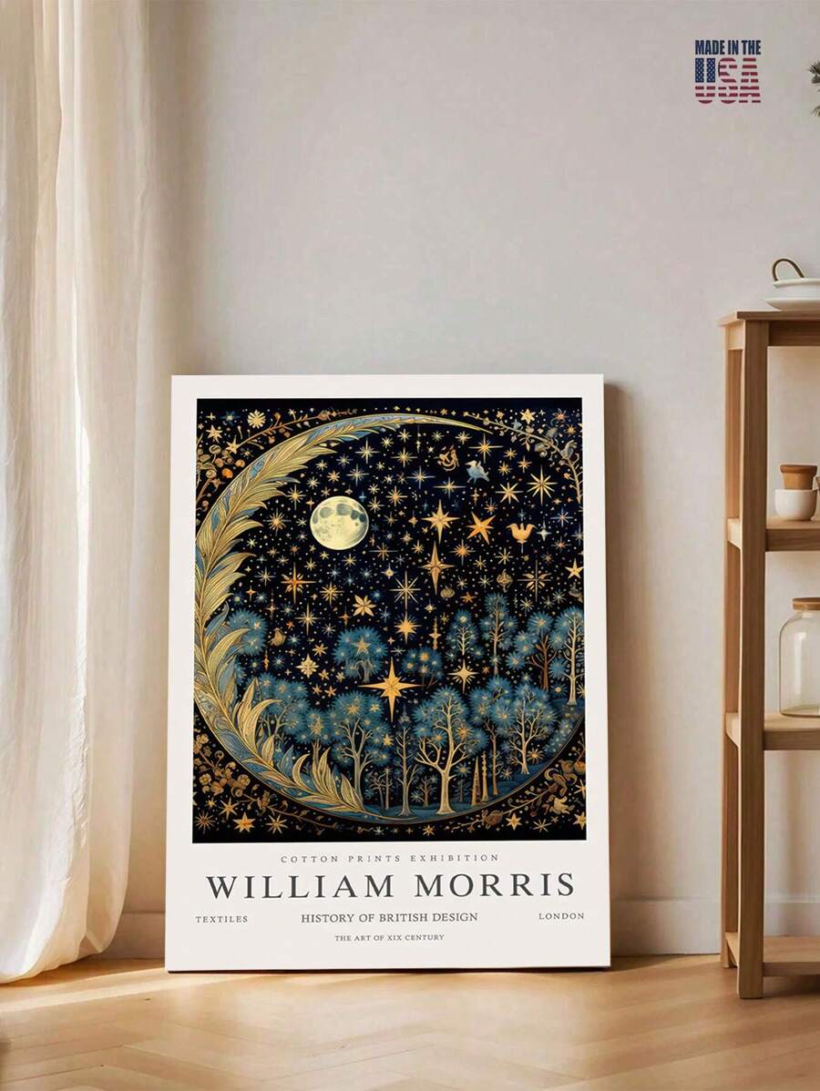1PC Framed Canvas Wall Art Vintage Gold Moon & Stars Posters Prints, Retro Botanical Picture Wall Decor Painting For Bedroom Kitchen Living Room Office Home Decor,Stretched And Framed Ready To Hang - Grey - View 1