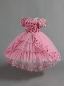 Young Girls Puffy Sleeve 3D Floral Multi-Layer Tulle Birthday Trailing Princess Dress, Suitable For Pageant Flower Girl, Excluding Headband - Dusty Pink - View 3
