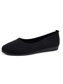 Round Toe Women Flat Shoes, Knitted Casual Ballet Flats, Breathable Summer Slip-On Loafers, Spring Comfy Versatile Flat Shoes, Bohemian Style In Black, White, Olive Green, Beige, Sky Blue, Light Blue, Khaki, Light Brown, Navy Blue, Yellow, Suitable For EU Large Size, Summer Lightweight Mesh Casual Walking Shoes, Solid Color Slouchy Shoes - Black - View 7