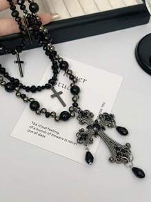 2pcs Ascension Day Cross & Crystal Tassel Beaded Necklace Set, Black Resin & Metal Material, Gothic Style, Suitable For Women Party/Daily Wear - Black - View 5