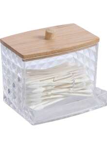 One Transparent Cleaning Swab With Diamond Pattern, A Portable Storage Box For Combination Of Round And Oblong Shaped Makeup Pad Pads With A Bamboo Lid.
