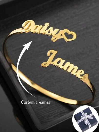 Personalized Name Open Bracelet, Minimalist Fashion Stainless Steel Jewelry, Customized 2 Names Adjustable Open Bracelet Bangle Heart Shape Bracelet Couple Jewelry Gift For Formal Family Events And Birthdays, Valentine's Day Gifts Gold Unisex, Simple, Vintage, Goth, Cuties, Casual Custom, Personalized, Unique Pets, Grandparents For Daily Wear, Jewelry & Watches, Season Picks, Utilitarian Chic, Delicate Romance, Look Glamour