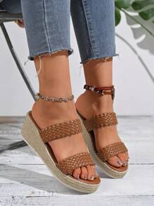 Women's Platform Slip-On Sandals With Straw Sole, Wide Width
