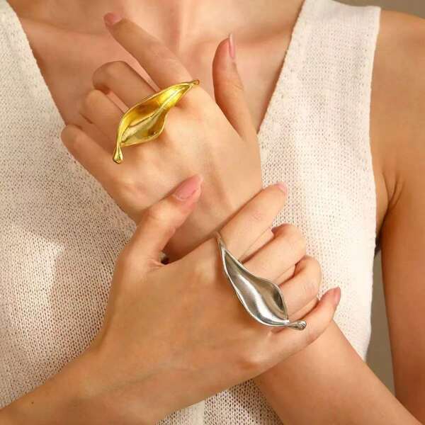 1 szt. Vintage Asymetryczny Metalowy Pierścień Liściasty, Kreatywne Minimalistyczne Grube Złote i Srebrne Pierścienie Odpowiednie Do Codziennego I Różnorodnego Dekorowania Przyjęć Dla Kobiet, Akcesoria Do Strojów, Prezent Biżuteryjny