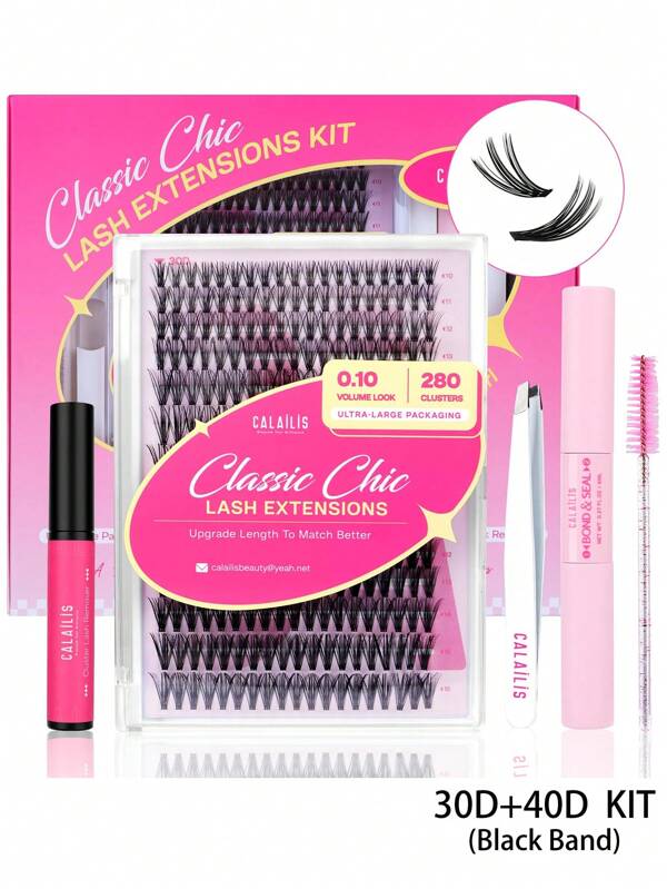 CALAILIS DIY Lash Extension Kit, Eyelash Extension Kit 280Pcs D Curl Individual Lashes With Lash Bond And Seal Lash Remover And Lash Applicator Lash Clusters Kit For Beginner (0.10-30D+40D-KIT)