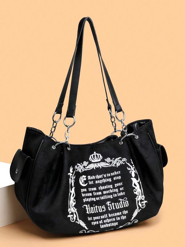 Bolso de mano de estilo europeo retro, bolso de hombro elegante de mujer con impresión de letras en tela suave