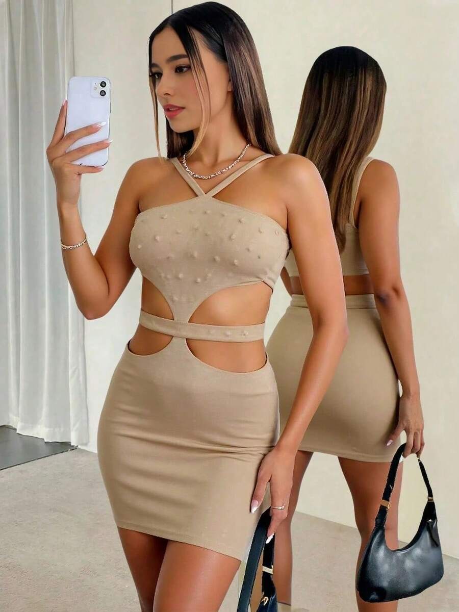 Backless Fitted Mini Dress With Cinched Waist And Shiny Velvet - Khaki - View 1