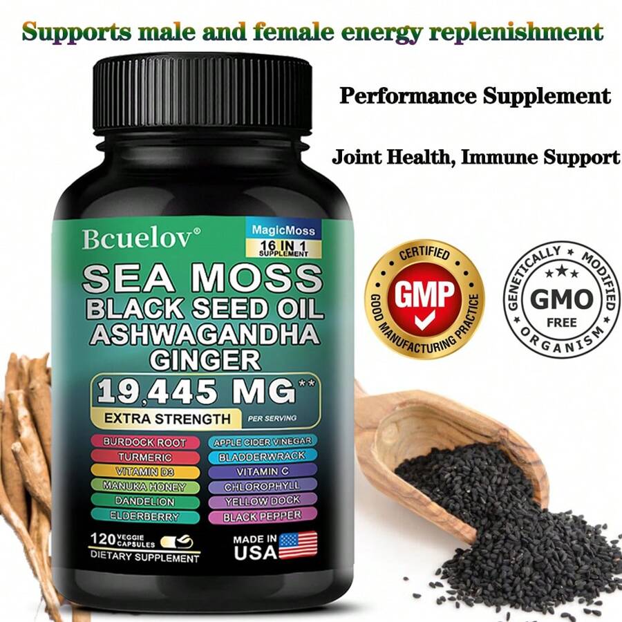 Sea Moss Black Seed Oil Ashwagandha Turmeric Bladderwrack Burdock 2000MG & Ginger Vitamin C Vitamin D3 With Elderberry Manuka - 120 Capsules - 1 chai - Xem 1