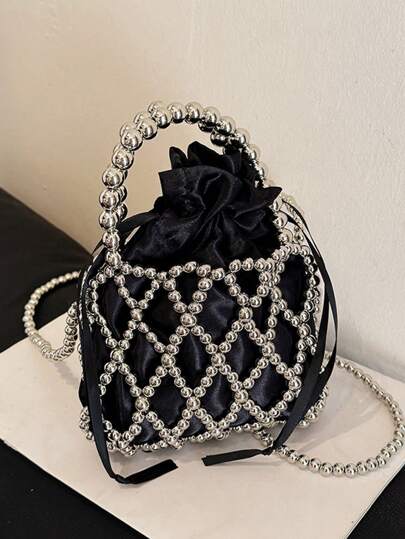 French Ladylike Handmade Woven Beaded Satchel Handbag, Pearl Decor Shoulder Crossbody Bag, Unique Small Hollow Rhombic Mesh Bucket Bag Design For Summer