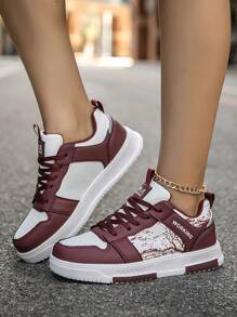 Pantofi de damă casual, cu imprimeu bloc de culoare, cu șireturi, pantofi de plimbare confortabili de zi cu zi, la modă, pentru cupluri, campus