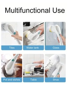 Un cepillo de limpieza inalámbrico de mano con 5 cabezales de cepillo reemplazables con cabezales de cepillo giratorios para usar en baños, bañeras, azulejos de pared, suelos y cocinas.