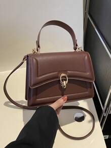 优雅纯色时尚手提包，复古女式翻盖钱包，PU 斜挎单肩包，带顶部提手