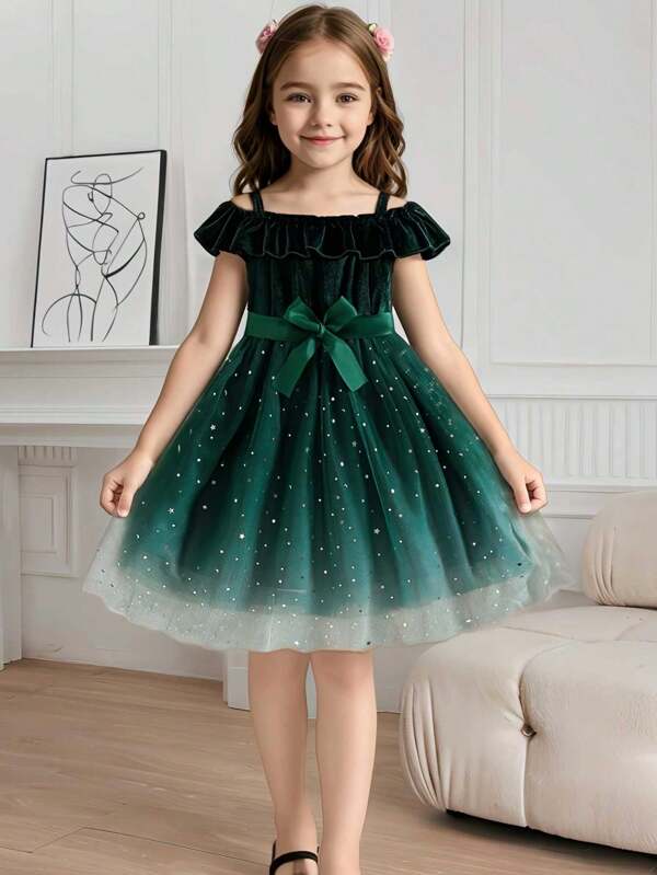 Young Girls' Off Shoulder Ruffled Hem Floral Splice Gradient Sequins Mesh Dress With Belt, Korean Velvet Fabric, Suitable For Outdoor, Party, Spring/Summer