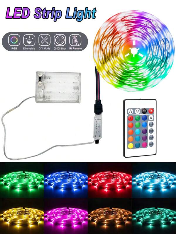1 PIEZA Tira de luz LED de 0,9m, 1,8m, 2,7m, 4,9m, 9,8m, 15,2m, Tira de luz LED RGB con control remoto de 24 teclas, para decoración del hogar, dormitorio, pasillo, fiesta de cumpleaños, bar, Navidad (alimentado por caja de batería, pilas AA no incluidas)