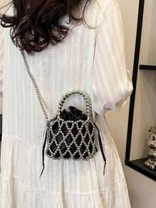 French Ladylike Handmade Woven Beaded Satchel Handbag, Pearl Decor Shoulder Crossbody Bag, Unique Small Hollow Rhombic Mesh Bucket Bag Design For Summer