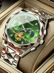 1 pieza Reloj de pulsera de cuarzo para hombres con correa de acero inoxidable, diseño de fase lunar, elegante y