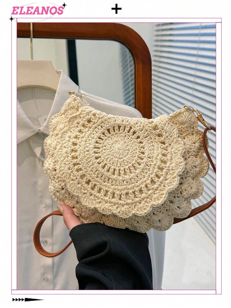 女士休闲简约针织手提包，时尚优雅单肩斜挎包，钩针编织手提包 - 米色 - 查看 1