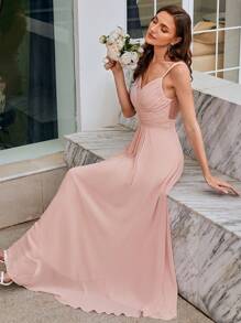 EVERPRETTY Summer Elegant Solid V-Neck Ruched Draped Split Pink Bridesmaid Dresses For Graduation - Baby Pink - View 5