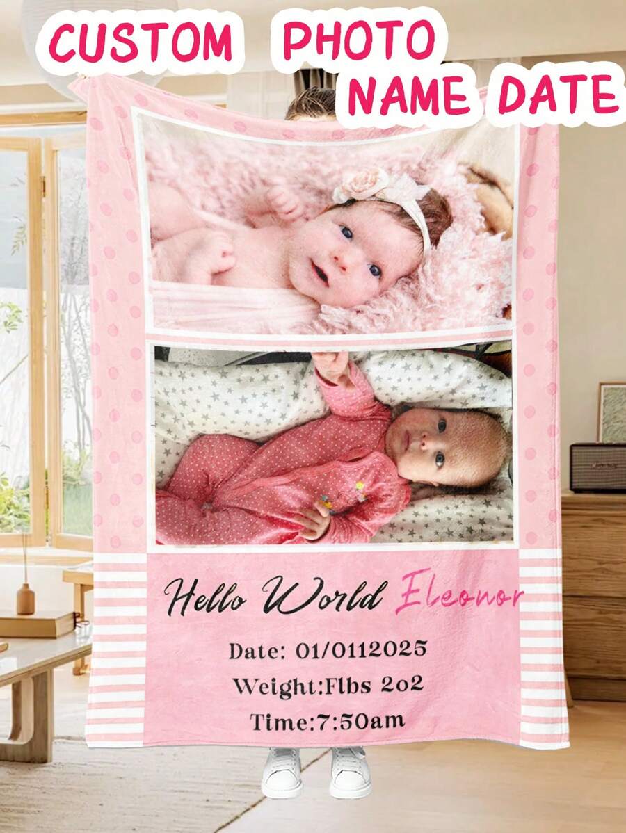 1pc Personalized Custom Kids Name Date Of Birth Flannel Blanket For Children Family Featuring , Tailored To The Child Family's Photo - Lightweight Flannel Blanket Pink Crown Name Blanket, With Cute Charm Cartoon Girl Character Customized Name Flannel Blanket - Multicolor - View 1