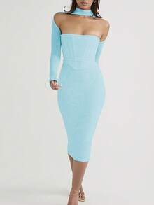 Double Layer Long Sleeve Mesh Fitted Maxi Dress, Women's Party Gown, Cocktail Dress - Baby Blue - View 4